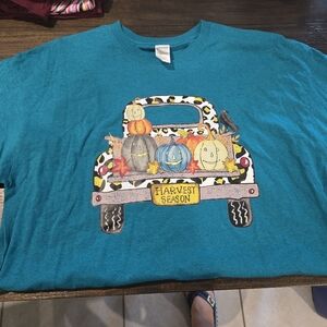 Teal Graphic T-Shirt with Fall Design